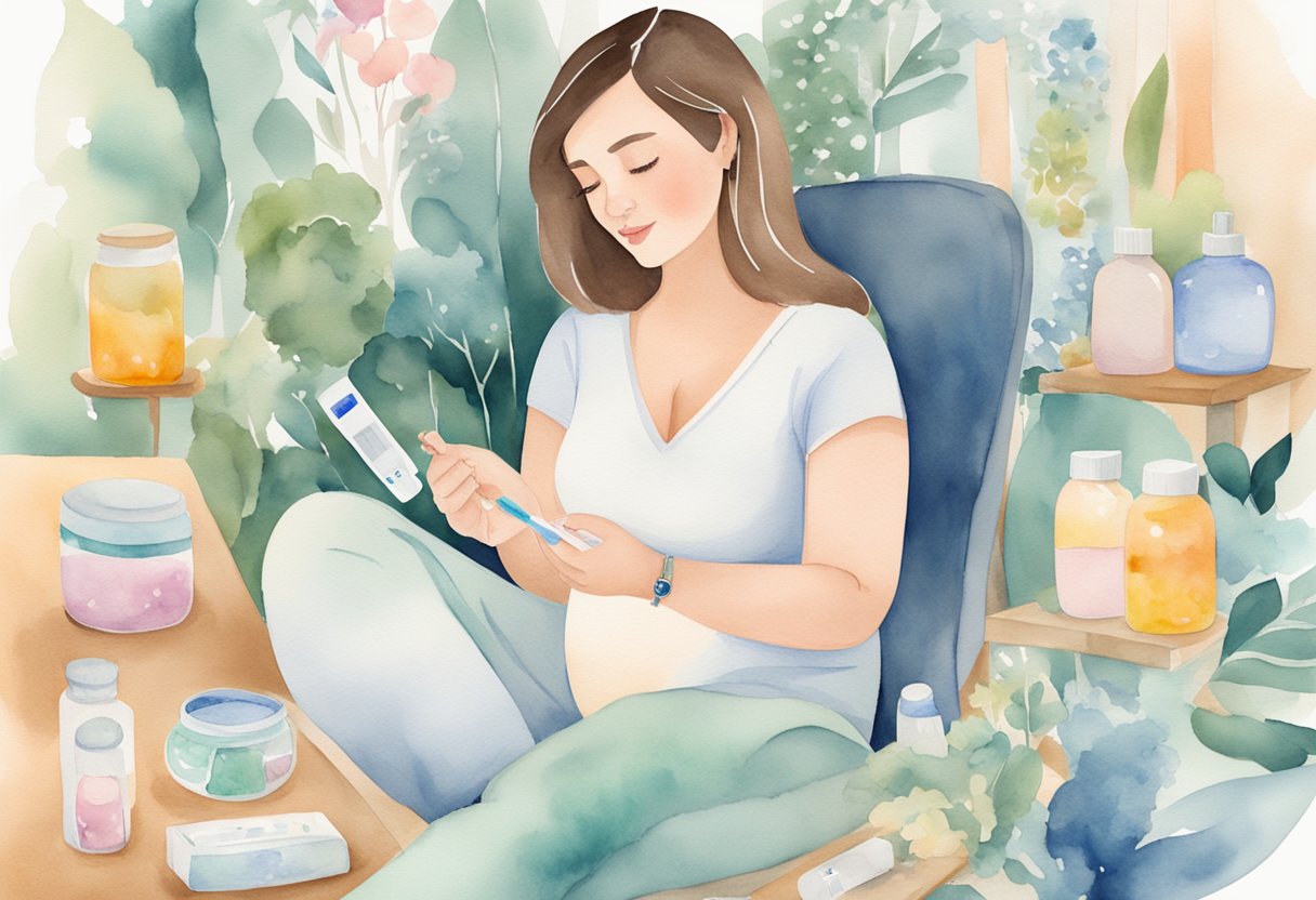 A woman with PCOS holding a positive pregnancy test, surrounded by various fertility treatment options and medical resources