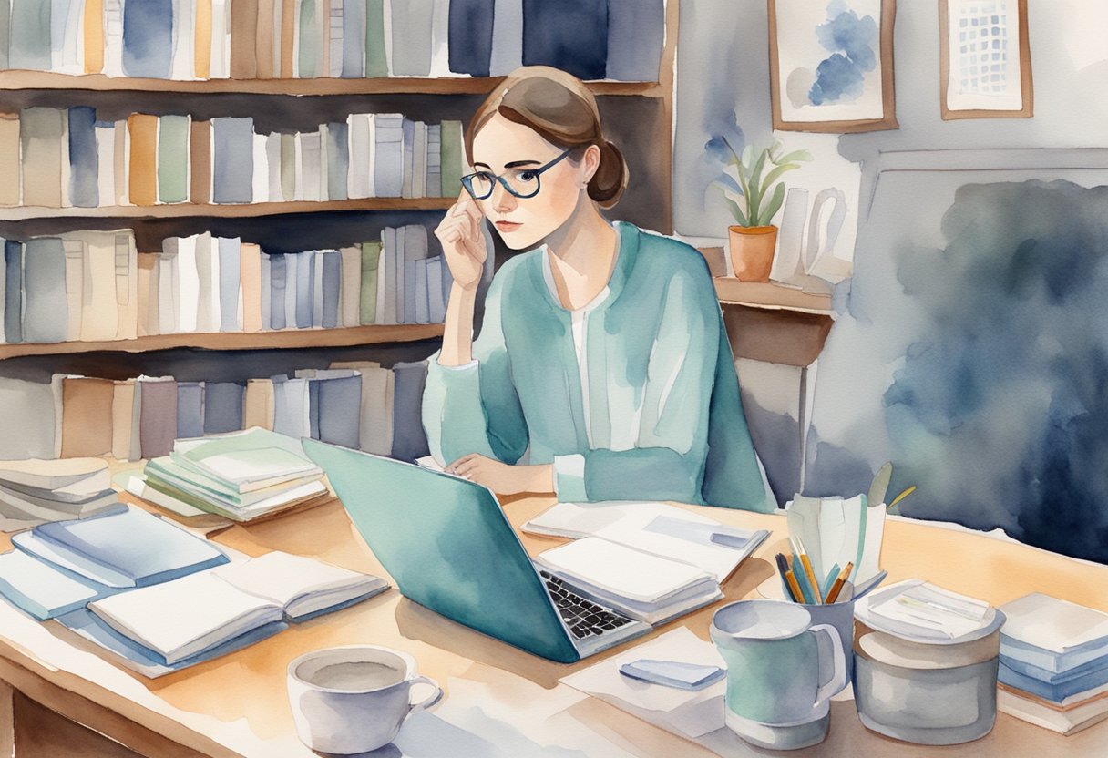 A woman researching PCOS sits at a desk surrounded by medical books and a laptop, with a concerned expression on her face